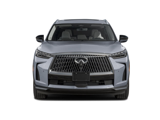 Front view of a silver 2026 INFINITI QX60 SUV with a large grille and stylish headlights.