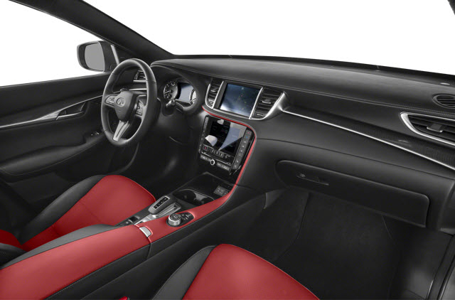 Modern 2025 INFINITI QX50 interior with black and red seats, a steering wheel, and a touchscreen display.