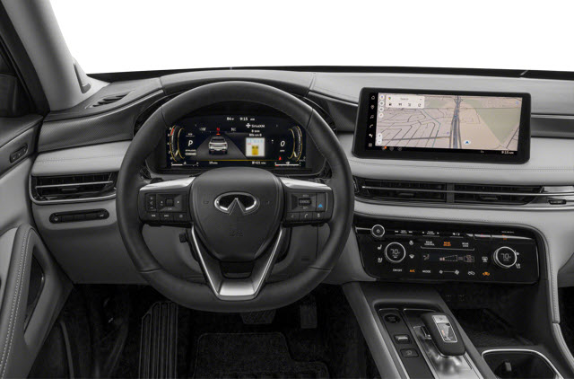 Interior view of a luxury 2026 INFINITI QX60 showing the steering wheel, dashboard, and navigation screen.