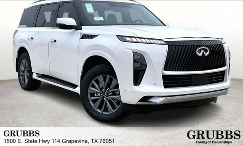 White 2026 INFINITI QX80 Pure SUV displayed with a black grille and sleek design.